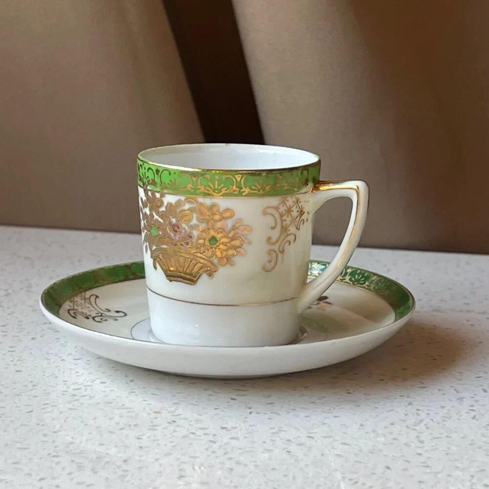 Hand Painted SGK China Demitasse Cup & Saucer Set With Gold & Green Floral Desig